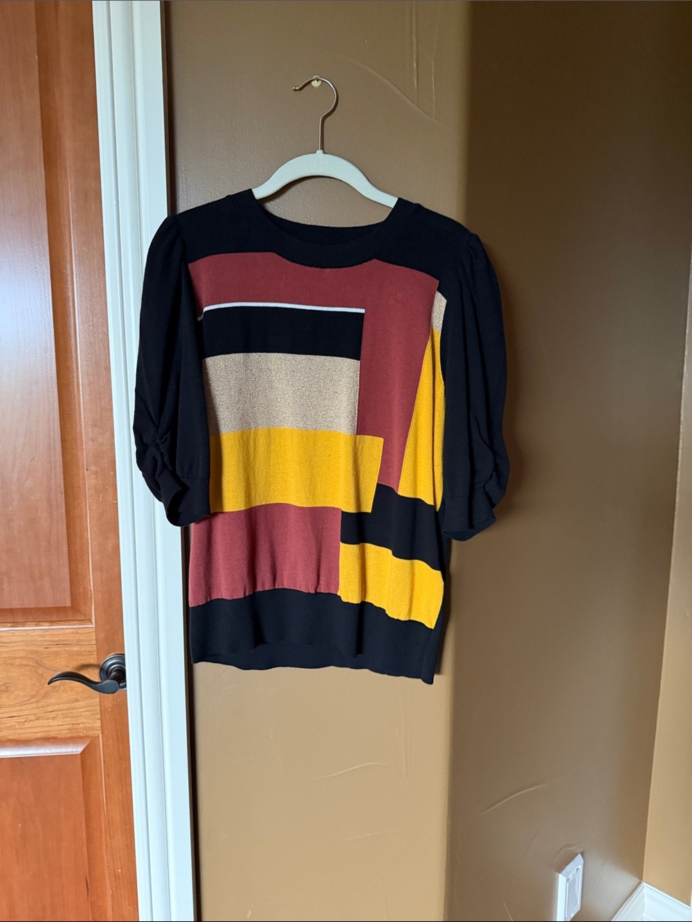 DKNY Colorblock Puff-Sleeve Sweater - Black, Mustard, Rust & Cream